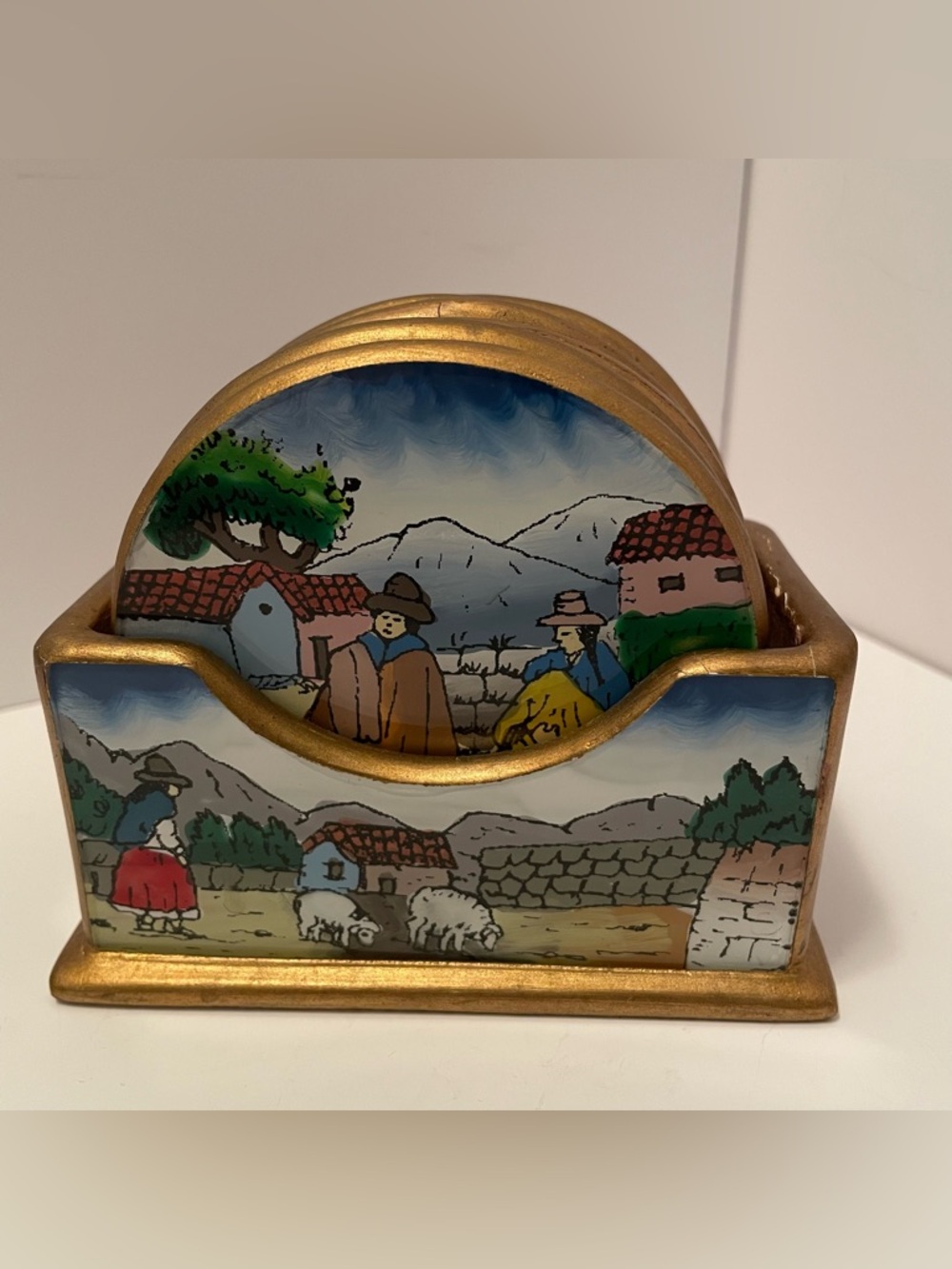 Peruvian Reverse Painted Glass & Wood Coaster Set‎ Everyday Villiage Scenes